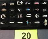 Jewelry Lot of 12 Sterling Silver Rings 24 different sterling silver rings, some rhinestones, onyx, turquoise stones, etc.
Ring designs: bow, moon and star ring, Claddagh, etc.
Total weight: 3.225 ozt.