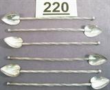Antique Set of 6 Sterling Drink Stirring Straws Unique set of 6 Sterling Silver swizzle sticks with hollowed out center for use as a straw, have decorative figural leaf shape on ends. Stamped "Sterling" on back, unknown maker or age. Measure about 7.75" length.
Total Weight: 61.2 grams / 1.965 ozt