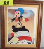 Art Jiminy Cricket Xerographic Cel Vintage framed and matted Xerographic cel of Jiminy Cricket standing on poker chips. Jiminy Cricket is from Walt Disney's Classic movie Pinocchio. Xerographic cels are created by transferring animation, publicity, or promotional artwork to acetate cels by a special 6-step process; a refinement pioneered by Walt Disney Studios. Measures 12" width x 15" height.