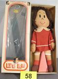 Vintage Original Gund "Little Lulu" Doll MIB 1972 "Little Lulu" plush doll in original cardboard box with small tear in front plastic, made by the Gund Mfg. Company. In good condition with only some minor wear and signs of display, measures about 15.5" length.