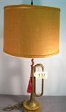 Vintage Decorative M1892 Bugle Horn Lamp Vintage Brass "U.S. Regulation" model M1892 Field Trumpet / Bugle horn made into a decorative electric table lamp, has burlap shade with loose finial on top. Horn looks to be original but not necessarily used by the U.S. military -- usually military bugles are better marked with maker names and such. Attached to wooden base, cord needs to be repaired because it is missing the plug. Untested, measures 36" height x 15" diameter lamp shade.