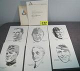 Art Set of Milton Caniff Aviation Pilot Prints Set of Official Collector's Edition Series of printed portraits honoring the aviation pioneers in the Aviation Hall of Fame, drawn by famous cartoonist Milton Caniff. This particular artist created comic strips such as "Terry and the Pirates", "Male Call", "Steve Canyon", and many more! Also includes a top letter to the member from the Executive Administrator of the Aviation Hall of Fame, Inc., each has information of each pilot on back. Set includes black and white prints of the following:
Benjamin Delahauf Foulois 1879 - 1967
William Mitchell 1879 - 1936
Elmer Ambrose Sperry, Sr. 1860 - 1930
Charles Elwood Yeager 1923 -
Will Rogers 1879 - 1935
Edward Vernon Rickenbacker 1890 - 1975
