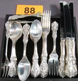 Vintage Francis I Reed & Barton Sterling Flatware Vintage sterling silver "Francis I" flatware pieces, designed by Ernest Meyer and made by Reed & Barton.
Partial set includes:
3 New French hollow knives, with stainless steel blades, measure 9.25" long.
13 Teaspoons, measure 6.75" long.
3 Individual salad forks, measure 6" long.
3 Dinner forks, measure 7" long.
1 Cocktail / seafood fork, measure 7" long.
3 Round bowl soup spoons, measure 6" long.
Sugar tongs, measure 4.25" long.
Total weight: 38.210 ozt.
Knives Separately Weigh: 7.410 ozt
Tag word: Sterl925