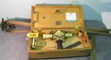 Antique Keuffel & Esser Surveying Transit w/ Stand Vintage No. 76-0020 surveyor tool with extra level, Serial No. 216614. Comes with original wooden carrying case and tripod stand for instrument, transit has built-in compass and level. Also comes with extra level for attaching at top and Boxwood Compass No. 913. Measures 7.5" height x 18" length x 3" width; Tripod measures 62.5" height.