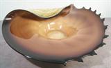 Vintage Large Handmade Art Deco Glass Bowl Beautiful old hand crafted glass bowl with decorative edges, purple, brown and beige shimmery coloration. Similar to shape of conch seashell, unknown maker but in great condition. Measures about 19.5" length x 14.5" width.