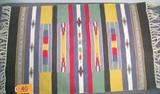 Handmade Native American Style Woven Rug Hand woven American Indian rug / blanket with black, off-white, yellow, green, blue and red coloration. Has some usual signs of wear and use, colors are somewhat faded. Measures 20.5" width x 34.5" length.