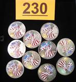 Coin Lot of 10 American Silver Eagles .999 Silver Lot of 10 American Silver Eagles. Each are colorized and weigh 1 Ounce Troy of .999 Silver. Coins show minor handling marks but display well. 10 ounces of .999 Silver. No sales tax on coins, currency or bullion.