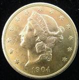 Coin 1904 $20 Liberty Gold Coin Gem BU A genuine United States of America Gold Liberty $20 Double Eagle. Graded by the consignor as Gem Brilliant Uncirculated condition. A coin seldom seen in this condition. No sales tax on coins, bullion or currency