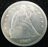Coin 1845 Seated Dollar Graded as Extra Fine A very rare 1845 No Motto Silver Dollar graded as Extra Fine by the consignor. Coin shows great details and is a scarcer date in the series. No sales tax on coins, bullion or currency.