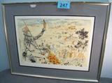 Art Signed Dali Limited Edition Don Quixote Print Limited Edition print of Don Quixote sitting on a hillside looking down on a town of people, unknown artist but has signature on bottom right corner and numbered 55 / 300. Consignor states signed by Salvador Dali, has been professionally framed and matted. Frame is a bit dinged up, measures 34" width x 26.75" height.
