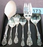Reed & Barton Sterling Flatware Pieces "Francis I" Beautiful "Francis I" sterling silver flatware pieces made by Reed & Barton.
Includes:
1 Cake server with stainless steel blade, measures 10" long. Separately weighs: 3.300 ozt.
1 Meat serving fork, measures 9" long.
1 Sugar shell spoon, 6.25" long.
1 Jelly server, measures 6" long.
1 Cream ladle, measures 6" long.
1 Gravy ladle, measures 6.5" long.
Total weight: 13.180 ozt.