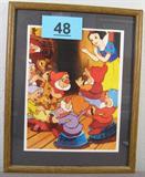 Art Disney's Snow White Framed Xerographic Cel Vintage Xerographic cel of Snow White and the Seven Dwarfs sitting and playing musical instruments, has been framed. Measures 14.75" height x 12.75" width.