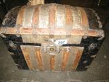 Furniture Antique Wooden & Metal Dome Top Trunk Large vintage wooden dome top "Camel Back" style chest with decorative metal embellishments on edges and corners, unknown maker. Hinges on back of lid are a bit loose but still hold well, no extra drawers or compartments inside. This style of trunk dates between 1870 - 1920! Measures about 30" height x 34.75" length x 21.25" width.