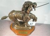 Art J.E Fraser "End of the Trail" Bronze Sculpture Vintage Bronze carved sculpture of Native American on horseback carrying a large spear entitled "The End of the Trail", by J.E. Fraser. Manufactured by Chesapeake Reproductions, Inc. and measures 13.5" height x 12.5" length x 8" width.