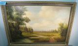 Art Landscape Oil Painting By Romiti Beautiful framed landscape oil painting on particle board signed by Alberto Romiti. Information about artist is attached to the back of the painting. Measures 28" tall x 40" wide. Frame has a few scuffs, painting is in great condition.