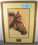 Art Drawing on Velvet "Affirmed" by George Johns Lovely vintage oil crayon / pencil drawing of 1978 Triple Crown Winner of horse racing "Affirmed", the horse of jockey Steve Cauthen and trainer Laz Barrera. Drawing is on velvet, created and signed by artist George A Johns. Has been framed and matted, dated 1983. Measures 25" height x 19" width.