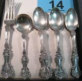 Lot of Sterling Silver Gorham Flatware Pieces Vintage sterling silver Gorham flatware pieces with "R" and "S" monograms. Unknown pattern.
Includes:
9 Teaspoons, measure 5.75" long.
1 Cream soup spoon, measures 5" long.
2 Dinner forks, measure 6.75" long.
Total weight: 9.505 ozt.