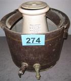 Cordley & Hayes XXth Century Cooler & Ice Bucket Antique stoneware crock "XXth Century Cooler" Style No. 50-80 set inside metal ice bucket, cooler is made by Cordley & Hayes of New York. Lid does not match, has two spouts near bottom; one connected to inner container. Measures 12.5" height x 14.5" diameter.