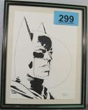 Art Framed Pen & Ink Batman Drawing Hand drawn pen and ink of Batman standing in front of a large full moon, framed and signed "Alberto Ramos" on bottom right corner. Measures 14.75" height x 11.75" width.