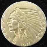 Coin 1911 $5.00 Indian Head Gold Coin A genuine United States Gold Coin dated 1911. No sales tax on coins, bullion & currency