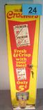 Premium Salted Crackers Coin Op Machine Vintage metal coin operated Nabisco Premium Saltine Crackers 5 cent nickel machine, reads "Fresh & Crisp with Your Meal" across front. Has red, yellow, brown and white coloration, includes original keys and some papers inside. Has some light rust and surface wear, measures 26.75" height x 6.5" width x 8" length.