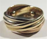 Beautiful 14kt tri toned gold multi-band ring. Ring has been soldered together and has built in spacers. Marked "14k", ring size: 3. Total weight: 3.9 dwt.