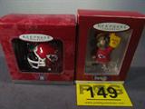 Lot of 2 Hallmark NFL Keepsake Ornaments MIB
Adorable Hallmark NFL Keepsake Ornaments with Kansas City Chiefs logos:
- 1996 "Kansas City Chiefs" mouse wearing fan apparel and "We're #1" glove. 
- 1998 "Kansas City Chiefs" helmet with mouse dressed as a referee. 
Both ornaments are in original box and are in great condition!