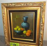 Art Original Oil Canvas Fruit Bowl Langella-Trani
A great original still life oil on canvas signed by artist Langella-Trani. The artist has used contrasting colors to capture a fruit bowl and pitcher. This professionally matted and framed painting is accompanied by a Certificate of Authenticity from the Robert Sills Gallery, Inc., Hollywood, CA. Measures 16" x 14" including frame.