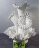 Vintage Milk Glass Silver Crest Epergne Bowl
This gorgeous vintage milk glass epergne bowl has a ruffled silvercrest rim. This Fenton style piece is not signed. Measures 13" tall with a 11" diameter. Bowl has a break inside of the epergne stem holders but it is not visible when the stem is in place.