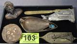 Mixed Lot Cast Metal Door Stop / Paper Weight More
A mixed lot of cast metal items include:
- Silver color door stop in image of German Shepherd.
- Brass color letter opener appears to be a chicken claw with feather.
- Small bronze color paperweight, bust of Dante.
- Gold color door knocker, captioned "Sanctuary".
