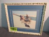 Art Framed Print Colored Sketch Hackney Carriage
A beautiful colored sketch that shows a couple in a horse drawn two-wheeled hackney carriage riding along a beach and a faithful dog following behind. The print has the initials "FC" encircled in the lower left corner. Professionally matted and framed. Frame measures 13.25" x 15.25".