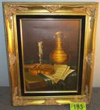 Art Framed Original Oil Musical Scene Ruiz
A great original still life oil on canvas signed by artist Ruiz. The artist has used bold dark colors to capture a scene which includes a violin, sheet music, candle and an urn. This professionally matted and framed painting is accompanied by a Certificate of Authenticity from the Robert Sills Gallery, Inc., Hollywood, CA. Measures 22.25" x 18.5" including frame. The gesso style frame has a chip at the bottom.