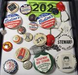 Mixed Lot Vintage Badges Pins & Buttons
A mixed lot of vintage metal buttons and pins. A sample of this lot includes:
- Vote "Yes" for Bodine's Hammond Organ.
- Loose-Wiles Cracker & Candy, Co., Kansas City, USA.
- Crescent Bicycles
- Stevens Shotguns "Close Shooting - Self Pointing".
- Department Shop Steward , United Packinghouse Food and Allied Workers, AFL-CIO.
- "Catch me Girls - I'm Easy Money".
- Cleveland Animal Protective League, Junior Member, Uncle Henry's W.T.A.M. Club.
- Many others