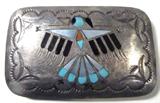 Jewelry Southwestern Style Sterling Belt Buckle
A gorgeous southwestern style sterling silver belt buckle decorated with inlaid onyx, turquoise, mother of pearl and red corral bird design.
Total weight = .895 ozt.