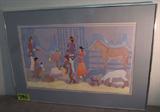 Art Framed Print Navajo Nativity Yahneyah & Begay
A beautiful limited edition framed fine art print signed by two artists, Haskay Yahneyah and Harrison Begay. The print is pencil numbered 502/950. The print is a colorful scene of Southwestern Native American Indians celebrating the Navajo Nativity. Professionally matted and framed. Frames measures 23" x 32".