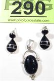 Jewelry Lot of 2 Silver & Onyx Pendant & Earrings
Lot of 2 Beautiful ladies sterling silver pieces:
- Elegant set of sterling silver dangling earrings featuring two black stones, possibly onyx. Tear drop shape / cut with two silver bars across the stone. Tear drop on a swinging hinge, with a smaller round stone situated directly above the tear drop stone. Marked / signed "925", measures 1.25" long (est).
- Beautiful sterling silver pendant featuring large black stone, possible onyx, oval cut in a platform setting, accentuated by several sterling silver ball shaped embellishments, with a silver arched bar over the top of the stone where the chain route is attached by a circular link. Classy & elegant. Marked / signed "Mexico 925", measures 2.25" long.
Total weight: 0.94 ozt
