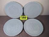 Lot of 4 Fenton Bicentennial Commemorative Plates
A beautiful set of 4 United States of America Bicentennial Commemorative Plates made by the Fenton Glass Company and inspired by a project of the General Federation of Women's Clubs. Each blue plate measures 8.25" in diameter. Plates are free of cracks and chips. Set includes:
- Number 1 in a series of 4; issued Jan 1, 1973; "Give Me Liberty or Give Me Death"; depicts a likeness of Patrick Henry when he issued that ultimate challenge.
- Number 2 in a series of 4; issued Jan 1, 1974; "Life Liberty and the Pursuit of Happiness"; Benjamin Franklin, John Adams and Thomas Jefferson meet to draft the Declaration of Independence.
- Number 3 in a series of 4; issued Jan 1, 1975; "In God We Trust"; once declared, Independence had yet to be won. General George Washington and his troops paced their trust in their Creator.
- Number 4 in a series of 4; issued Jan 1, 1976; "Proclaim Liberty Throughout All The Land"; two centuries later this same proc