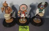 Lot of 3 Hopi Kachina Limited Edition Figurines
American Indian Life & Legends Hopi Kachina porcelain figurines produced in Mexico. Each figurine has its own wooden stand. Lot includes:
- "The Mudhead" base is signed by Lowell Talashoma. Limited Edition First Series 120/12500. Measures 8" tall.
- "The Crow Mother" base is signed by Neil David Jr. Limited Edition First Series 120/12500. Measures 8" tall.
- "The Sun" base is signed by Neil David Jr. Limited Edition First Series 120/12500. Measures 7.75" tall.