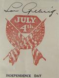 Lou Gehrig Autograph on July 4th Card
An authentic Lou Gehrig signature on a July 4th, Independence Day card. Signature is certified by Authentic Autographs Unlimited, Serial # A15119. The Certificate of Authenticity is signed by Drew V. Max, a Court Qualified and Board Certified Forensic Document Examiner and handwriting expert who specializes in celebrities, sports, and antiquities. You may have seen Mr. Max on the reality television show "Pawn Stars".
Henry Louis "Lou" Gehrig (June 19, 1903 – June 2, 1941), nicknamed "The Iron Horse" for his durability, was an American Major League Baseball first baseman. He played his entire 17-year baseball career for the New York Yankees (1923–1939). Gehrig set several major league records. He holds the record for most career grand slams (23). Gehrig is chiefly remembered for his prowess as a hitter, his consecutive games-played record and its subsequent longevity, and the pathos of his farewell from baseball at age 36, when he was stricken with
