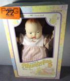 Newborn Thumbelina 16" Doll in Box Ideal Toy
She's an Ideal Classic Doll, a 16" newborn "Thumbelina". She is soft and cuddly with vinyl arms, legs, and head and dressed in an adorable pink and white stripe dress. "Ma-Ma" voice works when you tip the doll. Doll appears to be in excellent condition in her original box.