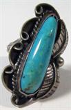 Jewelry Sterling Silver Turquoise Feather Ring
Fabulous sterling silver ring with Southwestern style design. Accented with large turquoise stone, rope and feather designs. Signed "E", ring size: 7.75. Total weight: .34 ozt.