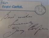 Lot#: 32
Description: Gary Cooper Autograph Paper 1938 JSA
An authentic Gary Cooper signature on a piece of paper with a postmark dated Oct 26, 1938. A notarized Letter of Authenticity from James Spence Authentication, LLC, certifies that the signature is genuine. The item has been assigned a unique serial number, X15390, which can be confirmed at any time at www.SpenceLOA.com.
From the internet: "Frank James Cooper, known professionally as Gary Cooper, (May 7, 1901 – May 13, 1961) was an American film actor. He was renowned for his quiet, understated acting style and his stoic, but at times intense screen persona, which was particularly well suited to the many Westerns he made. His career spanned from 1925 until shortly before his death in 1961, and comprised more than one hundred films.
Cooper received five Academy Award nominations for Best Actor, winning twice for Sergeant York and High Noon. He also received an Honorary Award in 1961 from the Academy. Decades later, the Americ