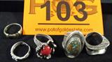Jewelry Lot of 5 Southwestern Style Sterling Rings
A beautiful lot of 5 southwestern style sterling silver rings include:
- Wide band sterling ring features a turquoise speckled stone setting. Ring is marked "Al Nez Sterling". Size 5.5.
- Small sterling band with 10kt gold accents. Size 6.5.
- Sterling ring appears to have a red corral setting in a free from style design. Size 5.75.
- Sterling ring with a single rhinestone setting. Adjustable band.
- Sterling ring with double sided top design. Size 5.5.
Total weight = 1.25 ozt.