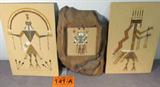 Art Lot of 3 Native American Sand Art
Lot of 3 beautiful sand paintings, appear to be hand crafted by Native American Navajo Indians. This lot includes:
- A medicine man picture in a uniquely carved wood frame. The frame has a roadrunner with an inset turquoise eye. Back is signed S. Dailey. Measures approximately 13" x 8".
- Unframed painting of medicine man. Signed Harry A. Begay on the back. Measures 12" x 8".
- Unframed painting of medicine woman. Signed Harry A. Begay on the back. Measures 12" x 8".
From a previous listing: "Sand paintings originate from Navajo healing ceremonies. The medicine man builds a sand painting and places the patient in the middle of it. To aid in the healing process, sand from the painting is rubbed over certain parts of the patient's body. When the ceremony is over, the sand painting is destroyed, thereby destroying the illness. This Navajo symbol of healing is now appreciated as a work of art. Sand paintings are created using ground natural stones."