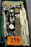 Jewelry Mixed Lot Costume Beads Earrings Pendants
A great mixed lot of costume jewelry. A sampling includes:
- A mesh band cuff style bracelet with a magnetic clasp.
- A single strand green glass bead necklace.
- A sterling pin or brooch with clear and light blue rhinestones.
- A pretty rhinestone chain link bracelet.
- A matching set of clip back earrings and pendant that are silver color with rhinestone settings.
- A silver color ring with a twist flex band features a large purple striped stone setting.
- A vintage three strand pearl like and pink glass bead necklace.
- Many more items.