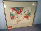 Art Oriental Hand Painted Silk Birds & Flowers
Gorgeous hand painted on silk original Japanese / Oriental style painting that has been professionally matted and framed. Two small birds are perched on branches of a tree or bush with bright red blossoms. The print is signed in the lower left corner. Measures approximately 21" x 23".