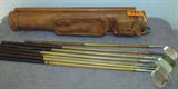Vintage Golf Clubs & Bag Kroydon Spalding & More
A great lot for any golf enthusiast. These right handed golf clubs are in a vintage leather bag. Clubs include:
- Draper-Maynard Co., Wentworth Chromium 7 iron with wood shaft.
- Wright & Ditson Berwyck mashie and mid iron with wood shafts.
- MacGregor Go-Sum Niblick 9 iron with wood shaft.
- Spalding 2 iron with wood shaft.
- Hillerich & Bradsby Co., Lo-Skore 2 iron with wood shaft.
- Kroydon mashie with wood shaft.