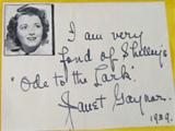 Janet Gaynor Autographed Album Page JSA
A hand signed album page of Janet Gaynor in 1939. Written above her signature is, "I am very fond of Shelley's "Ode to the Lark". Accompanied by an alphanumeric Basic Cert card from James Spence Authentication, LLC, which certifies that the signature is genuine. The unique serial number, G03223, can be confirmed at any time at www.SpenceLOA.com.
From the internet: "Janet Gaynor (October 6, 1906 – September 14, 1984) was an American actress and painter. One of the most popular actresses of the silent film era, in 1928 Gaynor became the first winner of the Academy Award for Best Actress for her performances in three films: Seventh Heaven (1927), Sunrise: A Song of Two Humans (1927) and Street Angel (1928). This was the only occasion on which an actress has won for successive film roles. This rule would be changed three years later by AMPAS. Her career as the primary actress of Fox Studios continued with the advent of sound film, and she achieved a