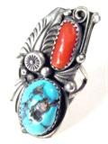 Jewelry Sterling Turquoise Coral Southwestern Ring
Lovely sterling silver Southwestern style ladies ring featuring a large oblong / oval shape turquoise & a smaller oblong / oval shape coral stone, each in its own saw tooth setting, fixed one on top of the other, surrounded with floral / leaf design embellishments. Size 7.25
Total weight: 0.25 ozt