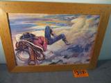 Art Sleeping Cowboy Print Lon Megargee
A fabulous western print of a sleeping cowboy by artist Lon Megargee. Print has been professionally framed. Measures 15.5" x 21.5".
From the internet: "Lon (Alonzo) Megargee (Feb 9, 1883 to Jan 24, 1960) In a remarkable display of unabashed confidence and personable salesmanship, Lon Megargee, at age 30, forever linked his name with Arizona art history. Despite the possibility of competition from better known and more senior artists, he persuaded Governor George Hunt and the Legislature in 1913 to approve 15 large, historic and iconic murals for the State Capitol Building in Phoenix. After completing the murals in 1914, he was paid the then princely sum of roughly $4000. His Arizona statehood commission would launch Lon to considerable prominence at a very early point in his art career.
Following a few years of art schooling in Los Angeles, and several stints as an art director with movie studios, including Paramount, Megargee turned in part to co